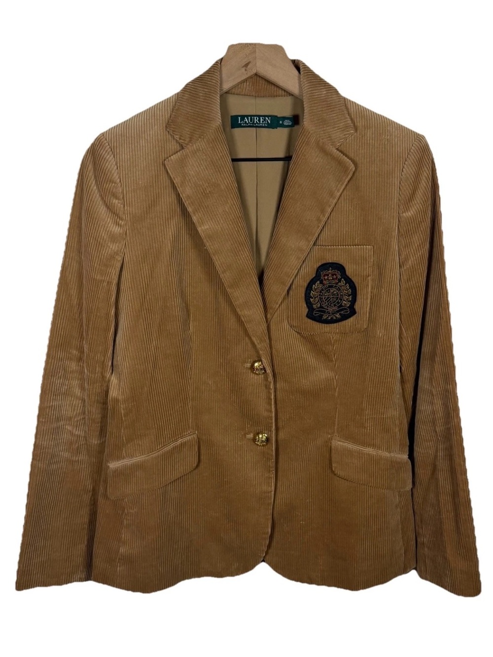 Lauren Ralph Lauren Corduroy Fiamara Blazer Bullion Crest Tan Size 6 Academia